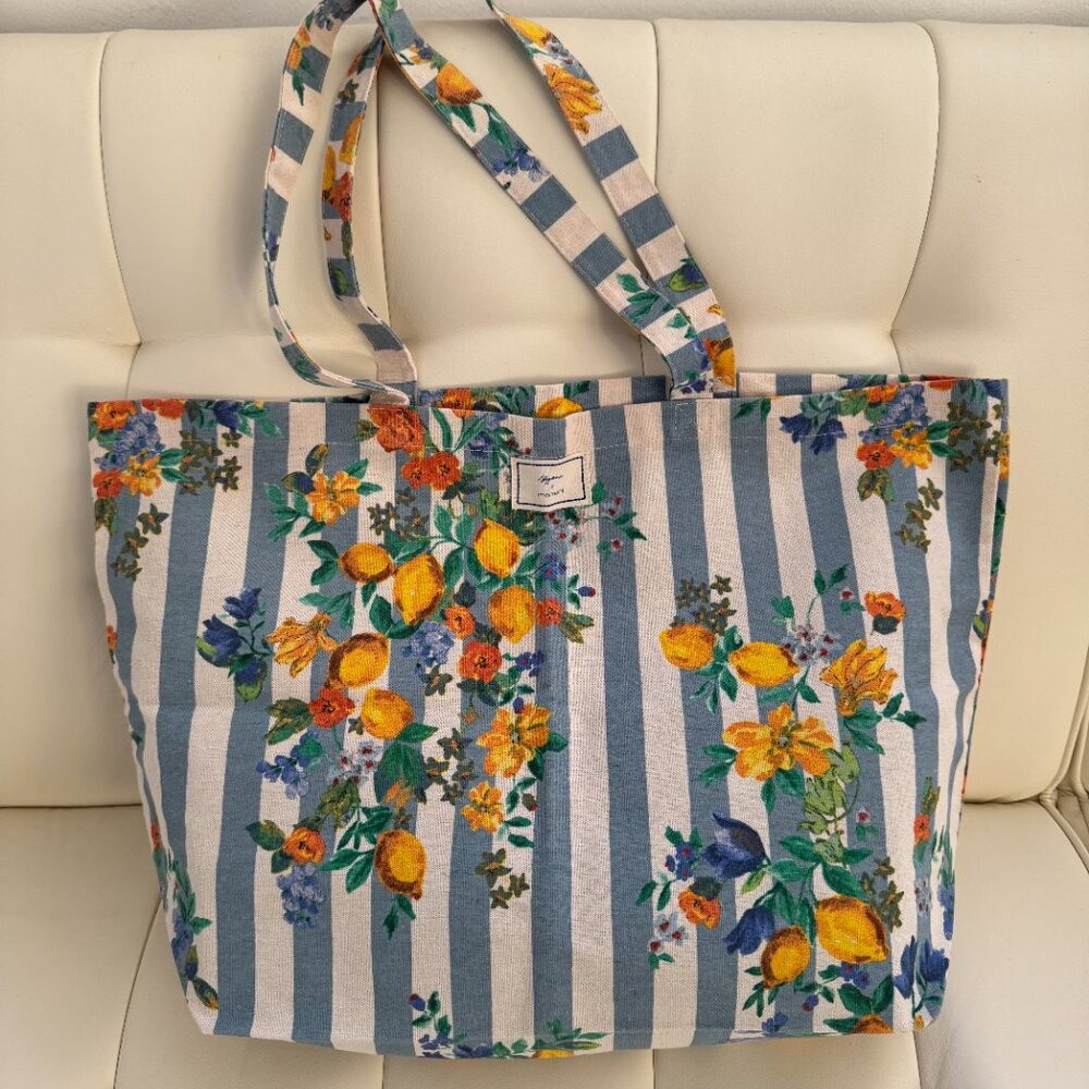 Sézane x Momonì limited edition blue stripe floral lemons print tote bag NWOT